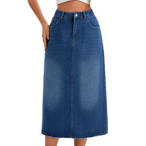 Women's Denim Skirt High Waist Split Back Pockets Pencil Midi Jean Skirts